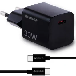 30W + USB-C Kabel Svart*Champion Outlet